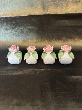 Vintage Set of 4 Bone China Napkin Rings Rose Pattern Made in Philippines